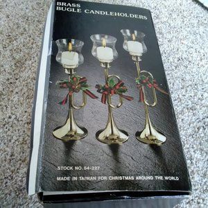 VTG Brass Bugle Horn Candle Holders w/Glass Cups